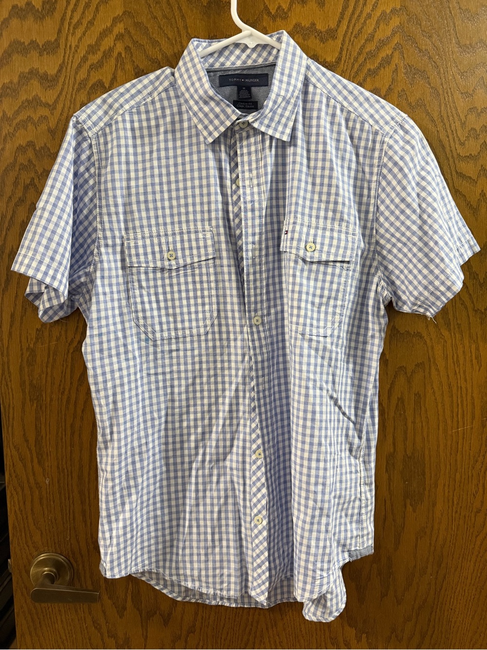 Tommy Hilfiger Light Blue and White Gingham Short-Sleeve Shirt men’s medium
